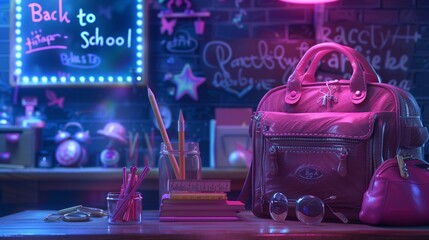 Immerse yourself in a captivating digital banner celebrating the joy of going "Back to School" in style. In this enchanting scene, a pencil and school bag steal the spotlight