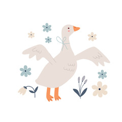 Happy Easter  card. Cute hand drawn Spring print with goose, flowers, leaves 