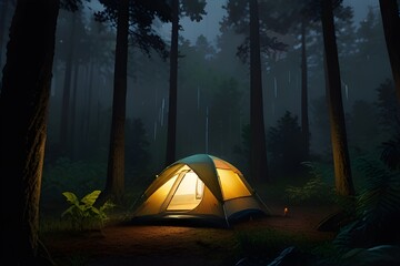 rain on the tent in the forest, tropic, quiet, calm, peaceful, meditation, camping, night, relax Generative AI