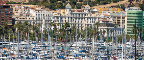 View of the very busy marina in the city center of Alicante, Spain.