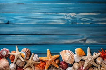 Seashell and starfish beach concept on rustic blue wooden background for coastal theme decor