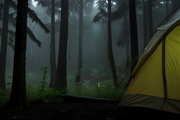 rain on the tent in the forest, tropic, quiet, calm, peaceful, meditation, camping, night, relax Generative AI - obrazy, fototapety, plakaty