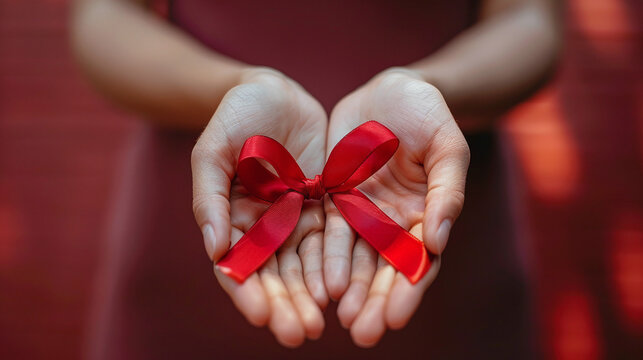 close-up of female hands holding red ribbon, blood donor, solidarity, new life