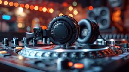 Fototapeta na wymiar DJ headphones resting on a lit-up mixing console in a club
