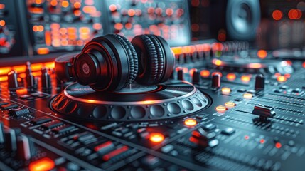 DJ headphones resting on a lit-up mixing console in a club