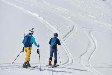 Alpine Ascent: Two Professional Skiers Conquer Snowy Peaks as a Determined Team.
