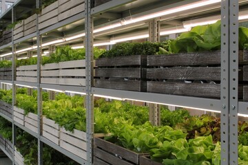 Close up of fresh organic hydroponic vegetable plantation produce cultivate farm in greenhouse. Agriculture aquaponic system. Vertical aeroponic garden. Sustainable lifestyle food sourcing concept.