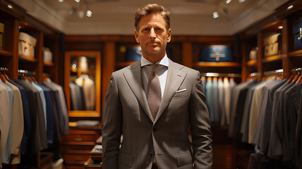 A man stands in a clothing store, looking at the clothes on the racks. He is wearing a blue suit and tie. A man in a classic suit stands in the fitting room of a luxury men's boutique