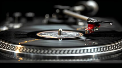 Close-up of turntable with vinyl record and stylus