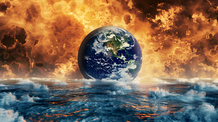Earth floating dramatically over turbulent sea with a fiery explosion in the background, conceptual artwork

