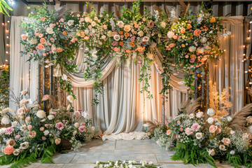 Fototapeta na wymiar Exquisite Wedding Scene Design: Lush Florals, Elegant Greenery, and Sophisticated Morandi Tones for a High-End Atmosphere