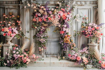 Fototapeta na wymiar Exquisite Wedding Scene Design: Luxurious Background with Lush Greenery, Elegant Flowers, and Sophisticated Morandi Colors