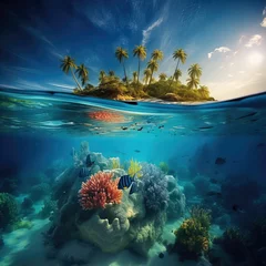 Fototapeten Split Underwater - Overwater Sea with Coral Reef and Tropical Island © zerega