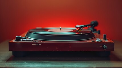 Red turntable with vinyl record isolated on red background