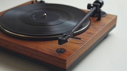 Elegant wooden turntable with vinyl record isolated on white