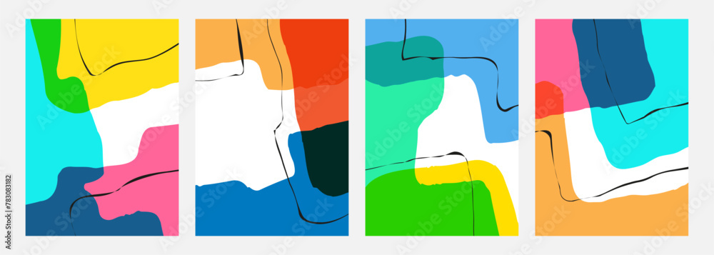 Aufkleber set of abstract backgrounds with various curved bright colored shapes and black lines for creative g