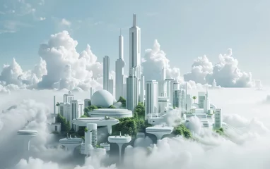  futuristic white city with simple buildings and plants, skyscrapers, clouds, mountains, space port, blue sky, minimalistic style, monochromatic palette © FreyStudios