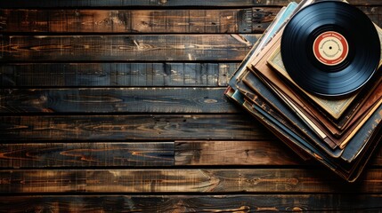 Vinyl record atop a stack of vintage books on a painted wooden table