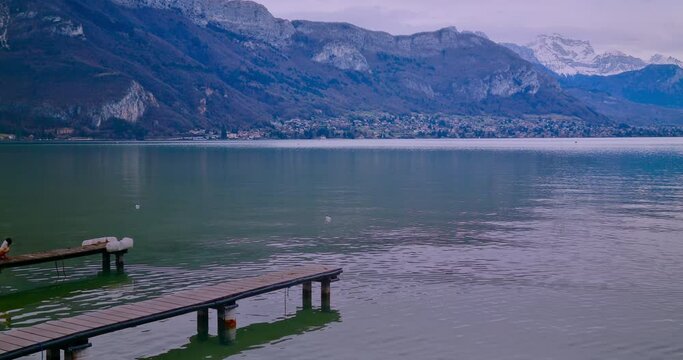 annecy france, pier near the lake of annecy, called as the venice of the alps, historic city cultural tourism concept