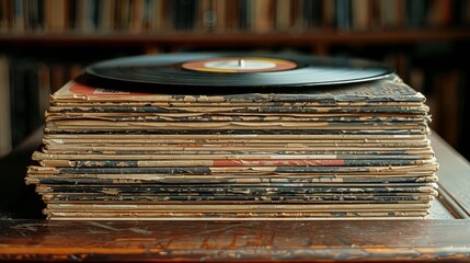 Stack of vinyl records with worn album covers