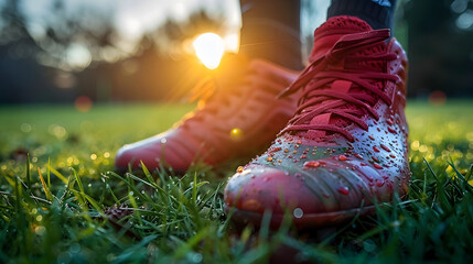 Cleated Football Boots Embedded in Lush Grassy Turf Under Warm Sunlight