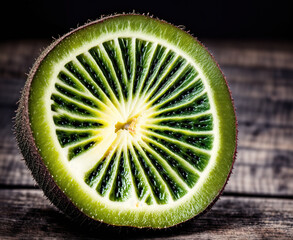 A sliced kiwi fruit on a wooden surface. - Powered by Adobe