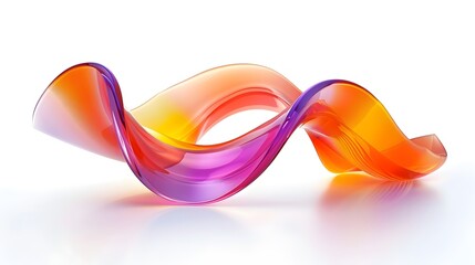 Orange and pink three dimensional glass wavy shape on white background.
