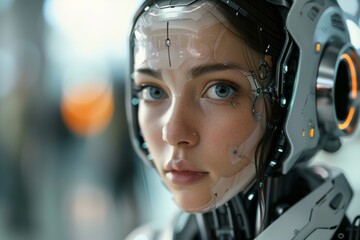Fototapeta premium A close up of a woman in futuristic looking clothing, AI