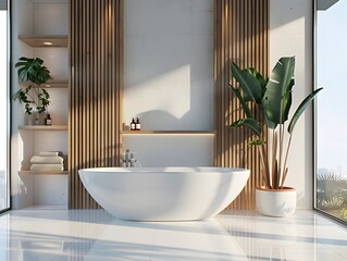Bathroom with white bathtub and wood paneling on the wall. Modern Japandi interior.