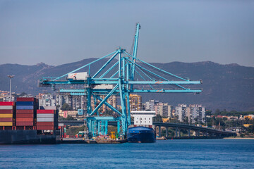 General view of indrustrial cargo freighter ship in the port of Algeciras