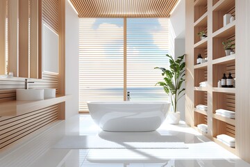 Bathroom with white bathtub and large window on the wall. Modern Japandi interior.