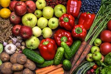 Bio organic vegetable and fruit on farmer market. Food background with assortment of fresh organic fruit and vegetables. - 783084164