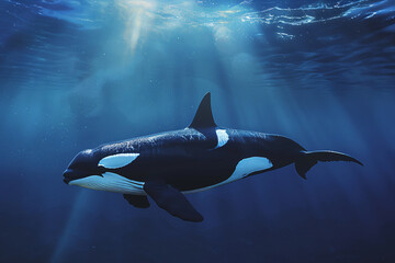 Fototapeta premium Orca swims illuminated by sunbeams through deep blue sea.