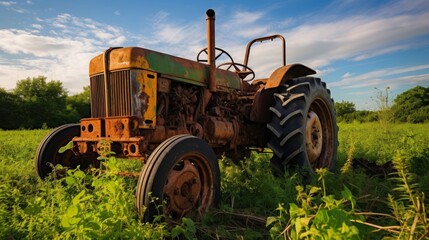 Obraz premium Rusty tractor idle in overgrown field under open sky