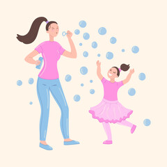 Happy mother and daughter playing with soap bubbles together in flat cartoon design. Young mom blowing bubbles and smiling kid jumping and catching. Family outdoors activity. Vector illustration