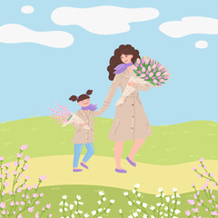 Obraz na płótnie Canvas Happy mother and daughter with blooming bouquets walking at springtime in flat cartoon design. Mom and kid in seasonal beige coats holding flowers and pink tulips at spring park. Vector illustration