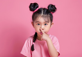 Cute little Asian girl wearing a pink sweater, shushing with her finger on her lips and making a HUSH gesture isolated over a pastel background.