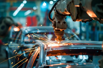 Industrial robot arm welding automotive part - obrazy, fototapety, plakaty