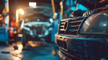 car repair in garage service station with soft-focus and over light in the background