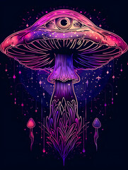 Mystical mushroom with all-seeing eye. Celestial illustration. Neon purple mystical line art on a black background.