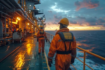 Workers in safety gear on the deck of a large ship during a vibrant sunset out at sea, depicting the offshore industry's tireless efforts