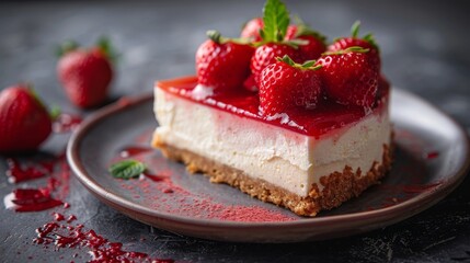 cheesecake with strawberries on plate - 783085556