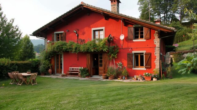 Traditional swiss country house  red farmhouse amidst green fields in switzerland