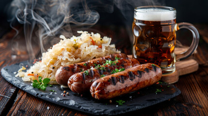 Hot Bratwurst with sauerkraut and mug of cold beer, on slate plate, isolated on dark background. Traditional Bavarian, German meal. - obrazy, fototapety, plakaty