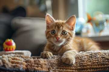 A beautiful red cat wants to play. A fluffy cat is lying in the house.