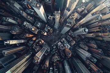 A panoramic view of a modern huge metropolis from a bird's eye view. An incredibly detailed image with realistic depiction of skyscraper architecture - obrazy, fototapety, plakaty