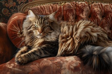 A luxurious meikun is lying on a chair. A beautiful cat is posing on a chair.