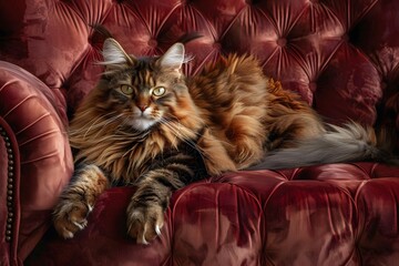A luxurious meikun is lying on a chair. A beautiful cat is posing on a chair.