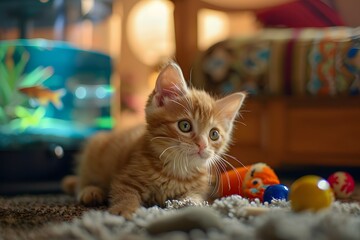 A beautiful red cat wants to play. A fluffy cat is lying in the house.