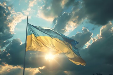 Ukrainian flag on the background of the sky. A strong wind blows the flag.